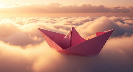 Pink Paper Boat Sailing Above the Clouds in a Dreamy Sunset
