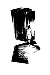 Vector Silhouette of a person walking through a dark doorway.