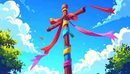 Colorful wooden pole with ribbons against a vibrant sky