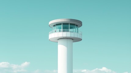 White Tower with Glass Window and Balcony Against a Blue Sky