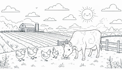 Fototapeta premium A black and white illustration of a farm scene with a cow grazing, chickens, a barn, fields, fence, clouds, and a smiling sun.