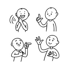 Characters with different gestures doodle line cartoon illustration set. Nonverbal communication signs linear vector people collection
