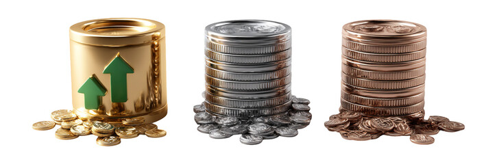 Stacked Coins with Growth Arrows in Gold, Silver, and Bronze Tiers