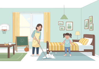 Adobe illustrator artwork vector illustration. A joyful mother vacuums the living room while her young daughter happily rides on the vacuum cleaner. A heartwarming scene of family life
