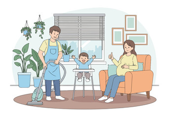 Adobe illustrator artwork vector illustration. A joyful mother vacuums the living room while her young daughter happily rides on the vacuum cleaner. A heartwarming scene of family life