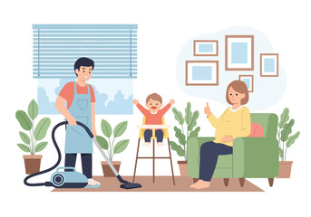 Adobe illustrator artwork vector illustration. A joyful mother vacuums the living room while her young daughter happily rides on the vacuum cleaner. A heartwarming scene of family life