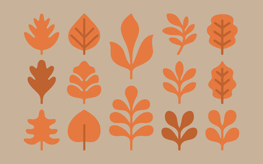 Collection of stylized autumn leaves in warm orange and brown tones