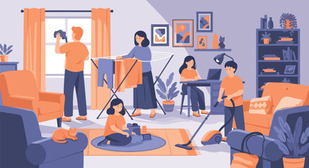 Adobe illustrator artwork vector illustration. A family-parents, children, and a cat-works together in a modern kitchen. A warm scene of shared chores, family bonding, and a happy home