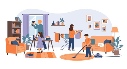 Adobe illustrator artwork vector illustration. A family-parents, children, and a cat-works together in a modern kitchen. A warm scene of shared chores, family bonding, and a happy home