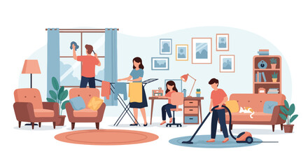 Adobe illustrator artwork vector illustration. A family-parents, children, and a cat-works together in a modern kitchen. A warm scene of shared chores, family bonding, and a happy home