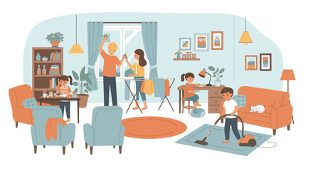 Adobe illustrator artwork vector illustration. A family-parents, children, and a cat-works together in a modern kitchen. A warm scene of shared chores, family bonding, and a happy home