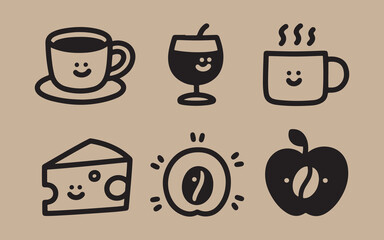 Cute hand drawn coffee drinks and food icons with happy faces