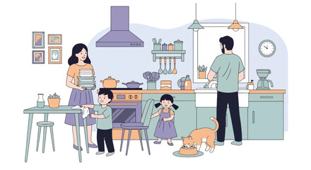 Adobe illustrator artwork vector illustration. A family-parents, children, and a cat-works together in a modern kitchen. A warm scene of shared chores, family bonding, and a happy home