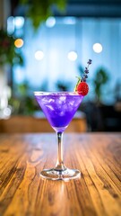 Vibrant purple cocktail garnished with lavender and raspberry, on a wooden table
