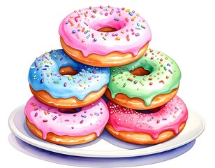 Watercolor Illustration of Stacked Colorful Glazed Donuts on a White Plate