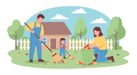 Adobe illustrator artwork vector illustration. A family-father, mother, and child-happily rakes and collects autumn leaves in their yard. A beautiful scene of seasonal outdoor chores
