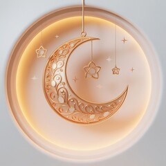 Magical crescent moon ornament glowing with celestial sparkle reflecting warm golden light and starry details