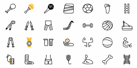 Illustration showing various sports equipment and medical related items in a patterned layout style