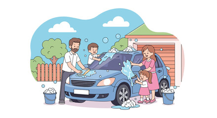 Adobe illustrator artwork vector illustration. A joyful family-parents and two children-washes their car together in the driveway. A heartwarming scene of teamwork, outdoor fun, and family bonding