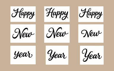 Happy new year handwritten calligraphy text on white squares