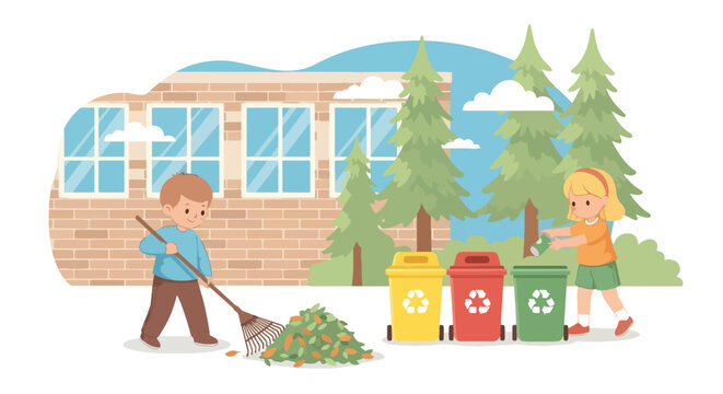 Adobe illustrator artwork vector illustration. A responsible boy and girl are engaged in outdoor clean-up, with the girl raking leaves and the boy sorting recycling into colored bins - Powered by Adobe