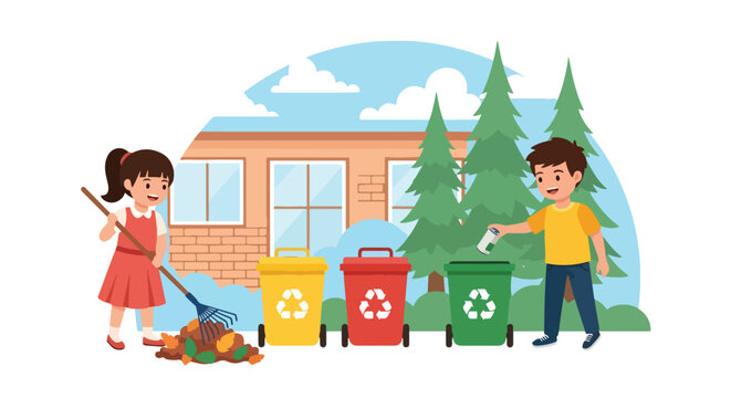 Adobe illustrator artwork vector illustration. A responsible boy and girl are engaged in outdoor clean-up, with the girl raking leaves and the boy sorting recycling into colored bins