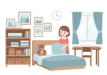 Adobe illustrator artwork vector illustration. A diligent young girl is making her bed in a tidy and cozy bedroom, demonstrating responsibility and neatness in her daily routine