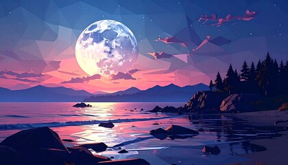 Low polygon landscape with moonlit beach