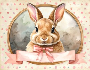 Cute watercolor rabbit in oval frame with pink ribbon
