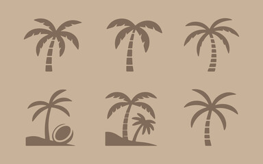 Fototapeta premium Collection of six stylized palm tree silhouette illustrations on a textured background
