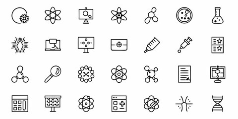 Illustration of science and technology icons including atoms dna and laboratory equipment in black outline