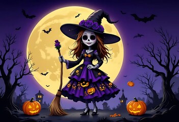 Adorable Halloween Witch with a Full Moon Background