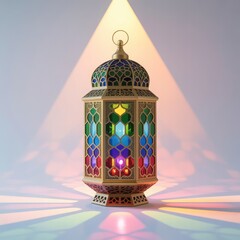 Ornate moroccan lantern with stained glass panels casting colorful light beams for festive ambiance and decoration