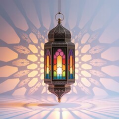 Ornate moroccan lantern casts vibrant stained glass patterns on wall illuminating festive ambiance