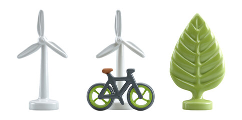 Fototapeta premium Eco-Friendly Icons: Wind Turbine, Bicycle, Leaf Symbolizing Sustainability