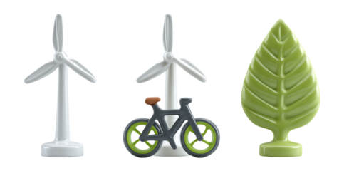 Eco-Friendly Icons: Wind Turbine, Bicycle, Leaf Symbolizing Sustainability