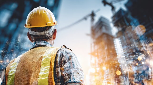 A construction worker observes a building site, showcasing an urban landscape with cranes and modern architecture in the background.