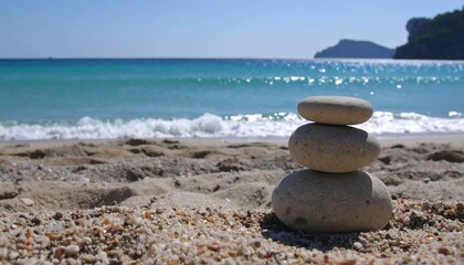 Zen balance stones stacked on a beach in front of ocean view backdrop