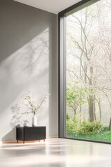 Elegant indoor space featuring modern decor and a large window with a view of spring trees
