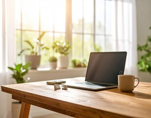 Laptop and coffee cup sit on a wooden desk near a bright window with plants.