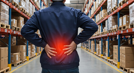 Industrial worker suffering from acute lower back pain in a storage facility