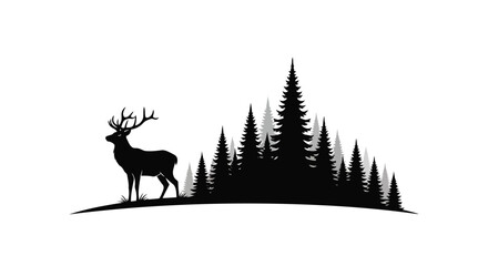 Vector illustration of silhouette of a deer standing in front of a dense forest of pine trees