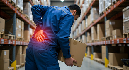 Warehouse worker with acute lower back pain from lifting a box. Workplace injury and occupational health concept.
