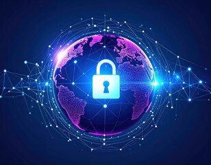 Digital world security concept with glowing padlock over a globe and network connections.