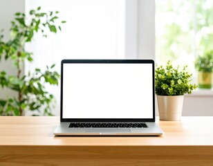 Fototapeta premium Laptop with a blank white screen sits on a wooden desk near a window and potted plants.