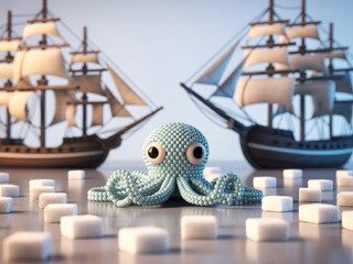 Whimsical octopus between two majestic sailing ships surrounded by softly lit blocks creating a dreamy fantasy nautical scene