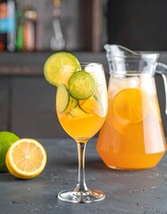 Refreshing melon drink in glass, garnished with cucumber and lime