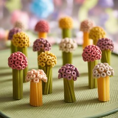 Brightly colored cereal o's arranged like miniature floral bouquets in a playful dessert presentation