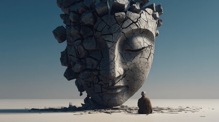 Mindfulness and resilience in business growth with a monk meditating before a massive stone Buddha head
