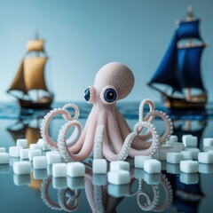 Whimsical miniature octopus guarding sugar cube treasure amidst nautical ship background in artistic still life photography